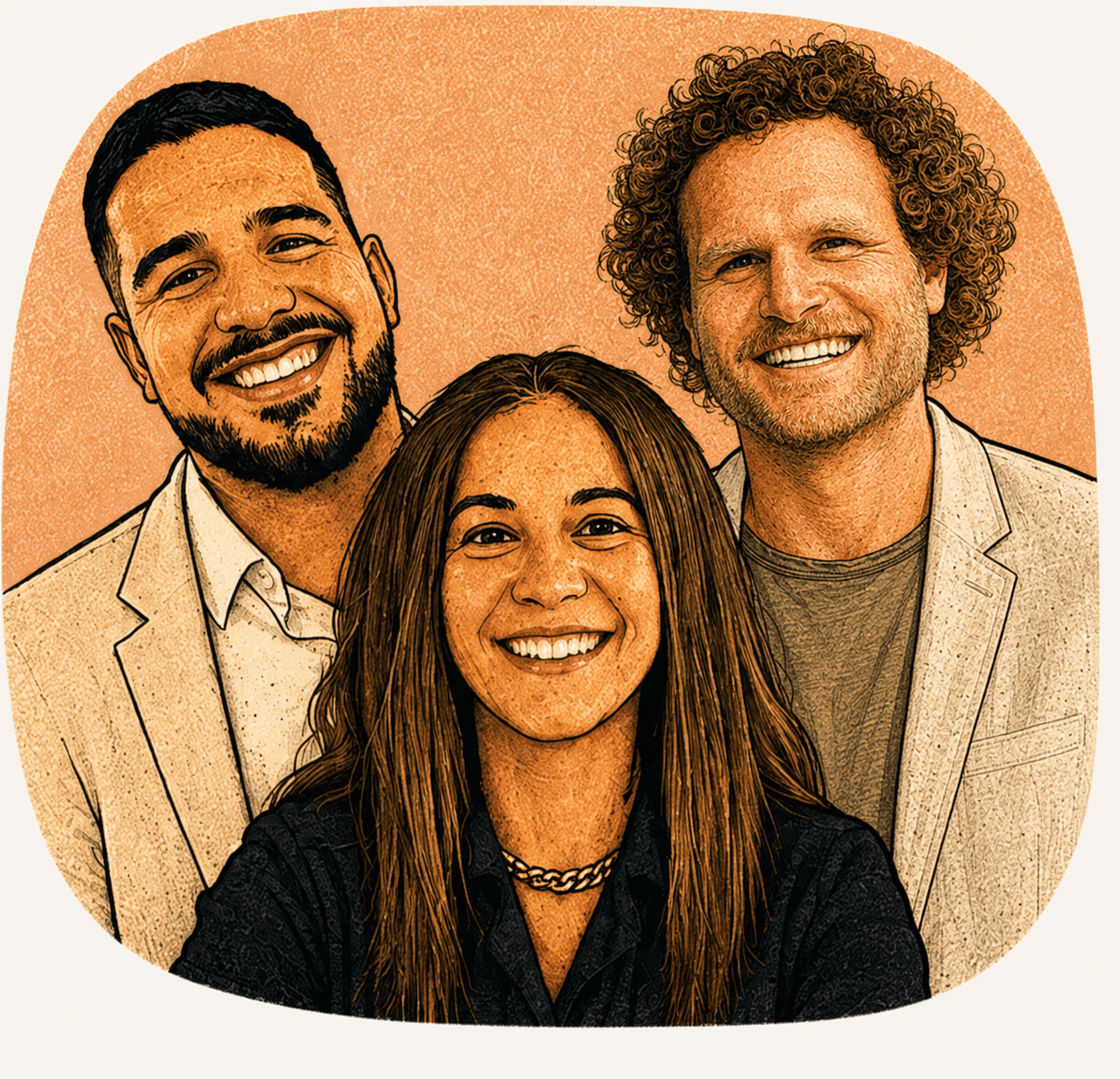 Illustrated portrait of three HeyCounsel community members.